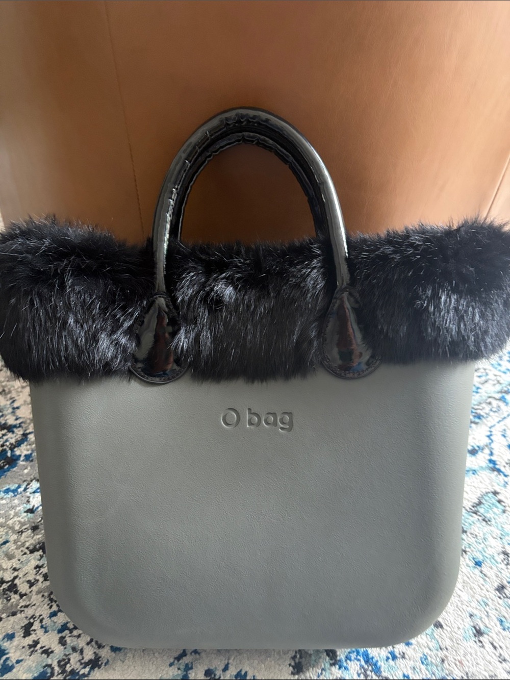 O bag Black Faux Fur-Trim Tote with Glossy Handles